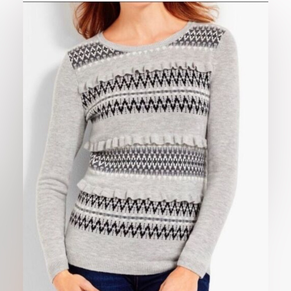 NWT $114 Talbots Fair Isle Wool Blend Sweater Women’s XL Extra Large Ruffle Gray